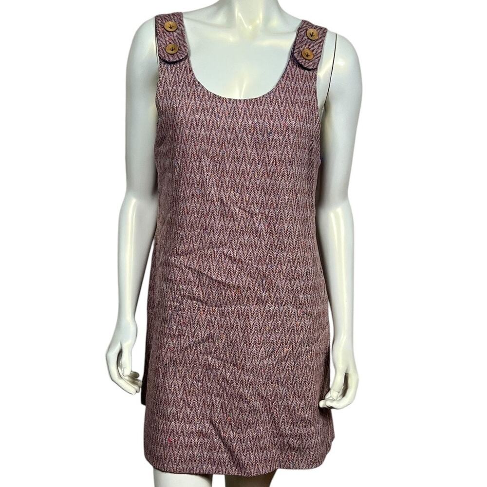 Vintage Handmade Chevron Weave Jumper Dress Wooden Buttons Mauve Brown